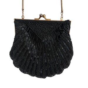 Beaded Scalloped Purse 6" Black Prom Homecoming Fairy Goth Whimsical 80s Chic